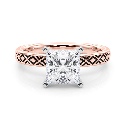Rose gold Princess Solitaire Diamond Ring with Milgrain and Black Enamel X Pattern Band