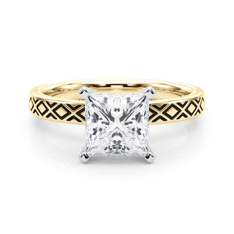 Yellow gold Princess Solitaire Diamond Ring with Milgrain and Black Enamel X Pattern Band