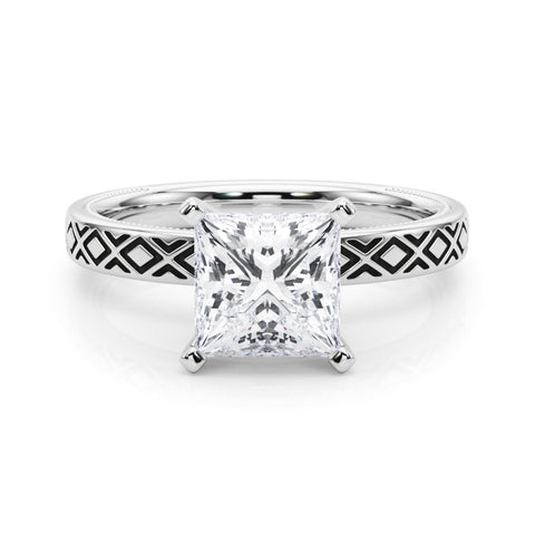White gold Princess Solitaire Diamond Ring with Milgrain and Black Enamel X Pattern Band