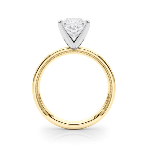 Yellow gold Princess Solitaire Diamond Ring with Milgrain and Black Enamel X Pattern Band