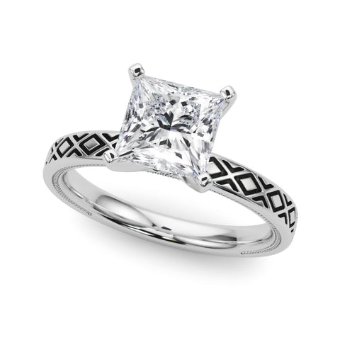White gold Princess Solitaire Diamond Ring with Milgrain and Black Enamel X Pattern Band