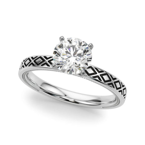 Platinum Round Solitaire Diamond Ring with Milgrain and Black Enamel X Pattern Band