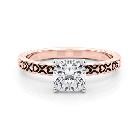 Rose gold Cushion Solitaire Diamond Engagement Ring with XO Engraved Band and Four-Prong Setting