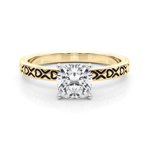 Yellow gold Cushion Solitaire Diamond Engagement Ring with XO Engraved Band and Four-Prong Setting