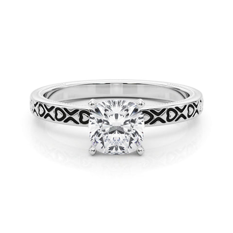 Platinum Cushion Solitaire Diamond Engagement Ring with XO Engraved Band and Four-Prong Setting