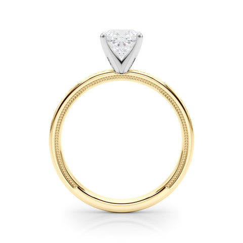 Yellow gold Cushion Solitaire Diamond Engagement Ring with XO Engraved Band and Four-Prong Setting