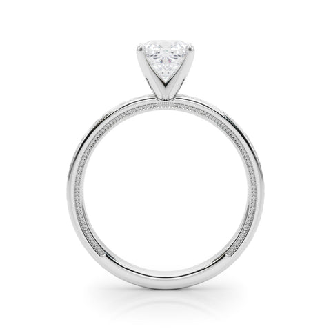 Platinum Cushion Solitaire Diamond Engagement Ring with XO Engraved Band and Four-Prong Setting
