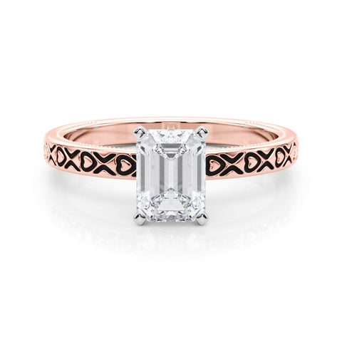 Rose gold Emerald Solitaire Diamond Engagement Ring with XO Engraved Band and Four-Prong Setting