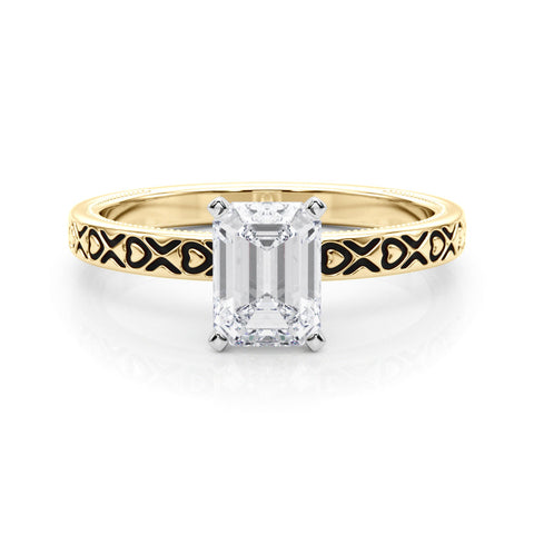 Yellow gold Emerald Solitaire Diamond Engagement Ring with XO Engraved Band and Four-Prong Setting