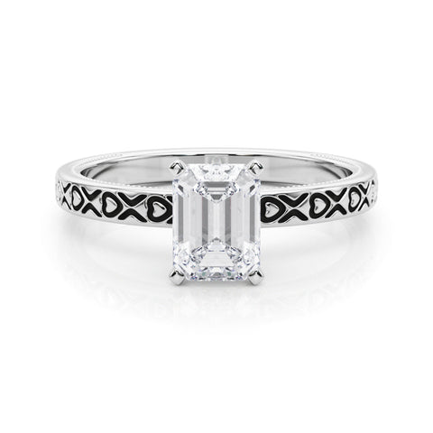 Platinum Emerald Solitaire Diamond Engagement Ring with XO Engraved Band and Four-Prong Setting