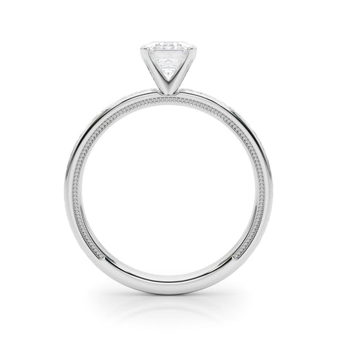 White gold Emerald Solitaire Diamond Engagement Ring with XO Engraved Band and Four-Prong Setting