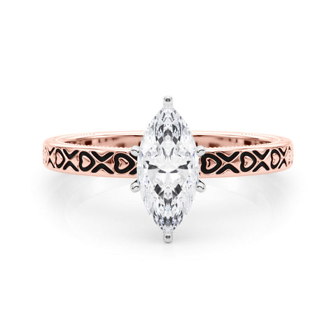 Rose gold Marquise Solitaire Diamond Engagement Ring with XO Engraved Band and Four-Prong Setting