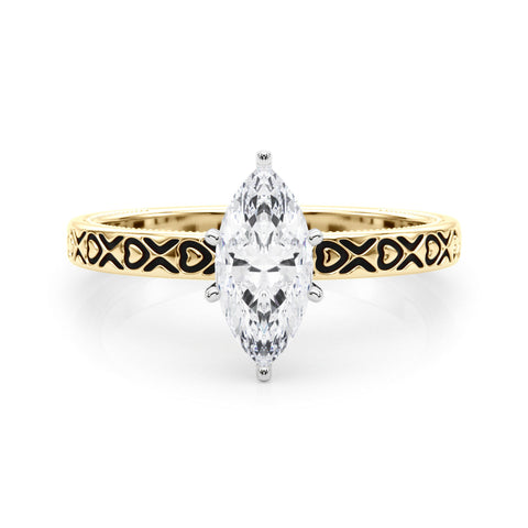 Yellow gold Marquise Solitaire Diamond Engagement Ring with XO Engraved Band and Four-Prong Setting