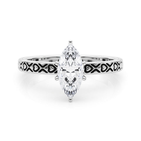 Platinum Marquise Solitaire Diamond Engagement Ring with XO Engraved Band and Four-Prong Setting