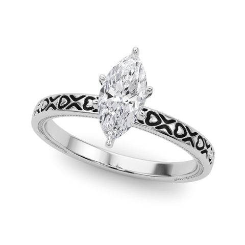 White gold Marquise Solitaire Diamond Engagement Ring with XO Engraved Band and Four-Prong Setting