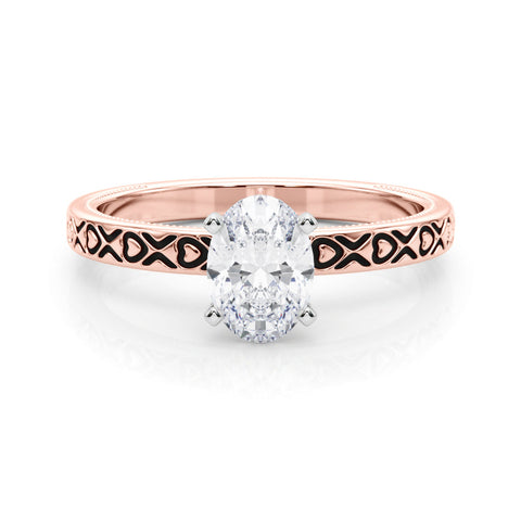 Rose gold Oval Solitaire Diamond Engagement Ring with XO Engraved Band and Four-Prong Setting