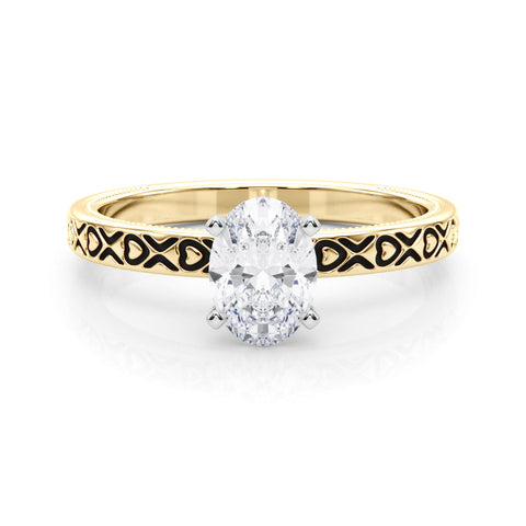 Yellow gold Oval Solitaire Diamond Engagement Ring with XO Engraved Band and Four-Prong Setting