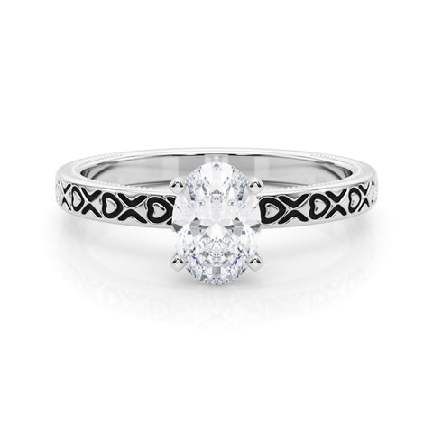 Platinum Oval Solitaire Diamond Engagement Ring with XO Engraved Band and Four-Prong Setting
