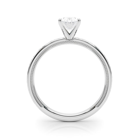 Platinum Oval Solitaire Diamond Engagement Ring with XO Engraved Band and Four-Prong Setting