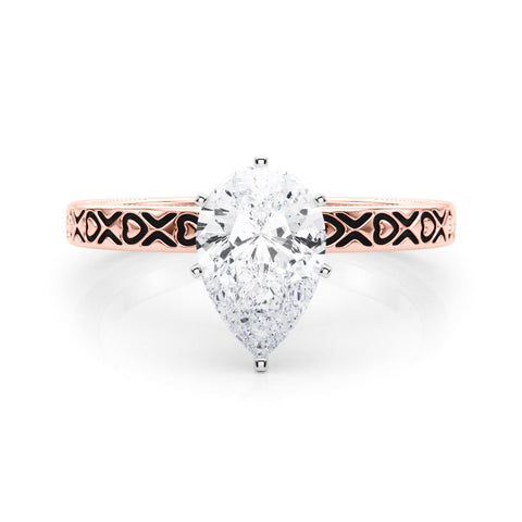 Rose gold Pear Solitaire Diamond Engagement Ring with XO Engraved Band and Four-Prong Setting