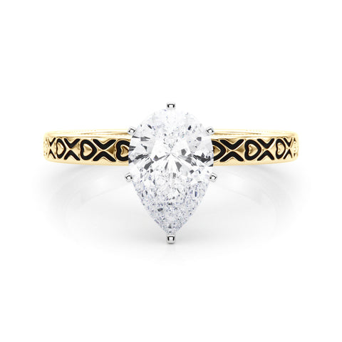 Yellow gold Pear Solitaire Diamond Engagement Ring with XO Engraved Band and Four-Prong Setting