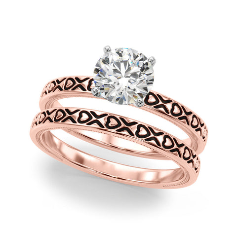 Rose gold Heart Solitaire Diamond Engagement Ring with XO Engraved Band and Four-Prong Setting