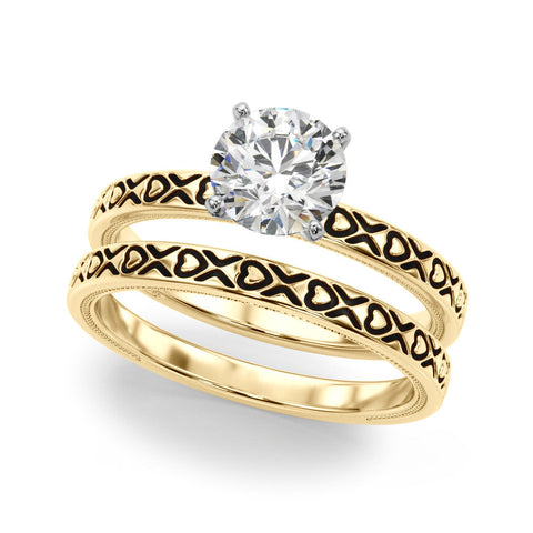 Yellow gold Heart Solitaire Diamond Engagement Ring with XO Engraved Band and Four-Prong Setting