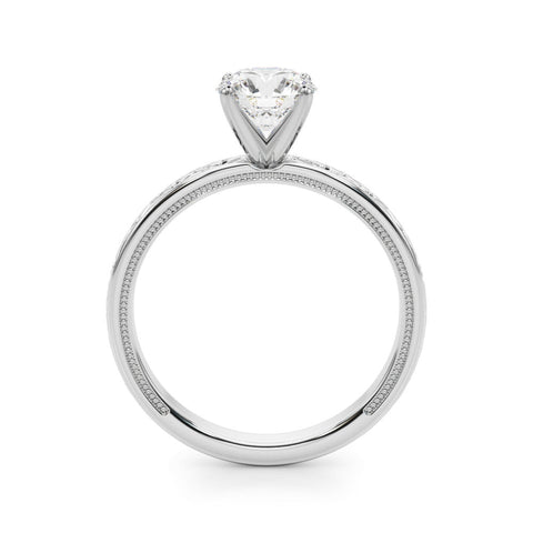 Platinum Round Solitaire Diamond Engagement Ring with XO Engraved Band and Four-Prong Setting