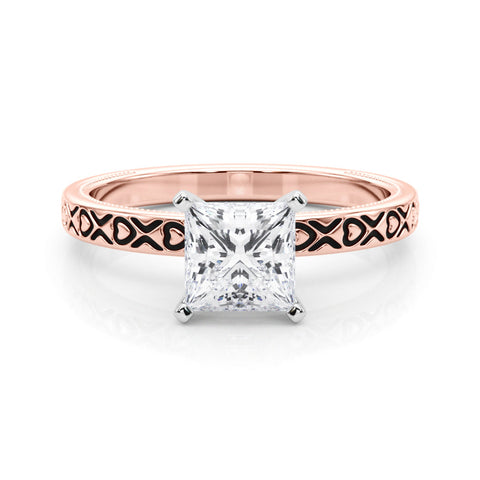 Rose gold Princess Solitaire Diamond Engagement Ring with XO Engraved Band and Four-Prong Setting
