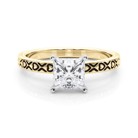 Yellow gold Princess Solitaire Diamond Engagement Ring with XO Engraved Band and Four-Prong Setting