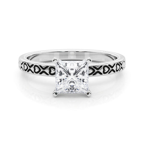 Platinum Princess Solitaire Diamond Engagement Ring with XO Engraved Band and Four-Prong Setting