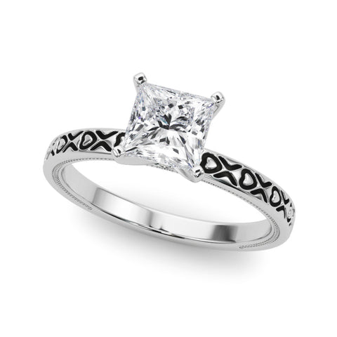 Platinum Princess Solitaire Diamond Engagement Ring with XO Engraved Band and Four-Prong Setting