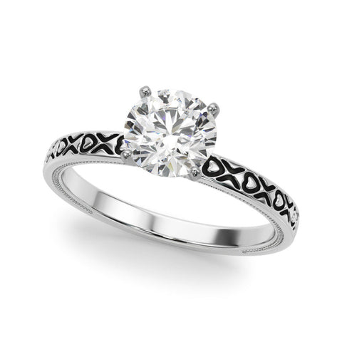 White gold Round Solitaire Diamond Engagement Ring with XO Engraved Band and Four-Prong Setting