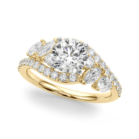 Yellow gold Heart Diamond Halo Ring with Marquise and Pavé Band in Prong Setting