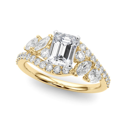 Yellow gold Radiant Diamond Halo Ring with Marquise and Pavé Band in Prong Setting