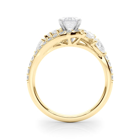 Yellow gold Radiant Diamond Halo Ring with Marquise and Pavé Band in Prong Setting