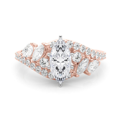 Rose gold Marquise Diamond Halo Ring with Marquise and Pavé Band in Prong Setting