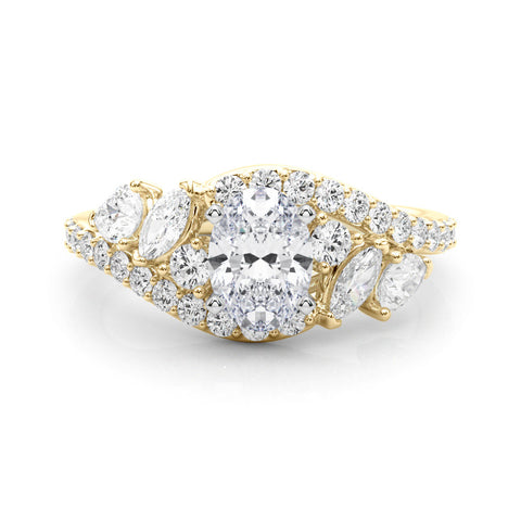 Yellow gold Oval Diamond Halo Ring with Marquise and Pavé Band in Prong Setting