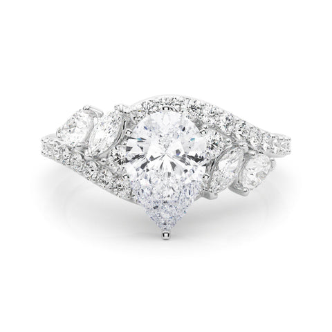 Platinum Pear Diamond Halo Ring with Marquise and Pavé Band in Prong Setting