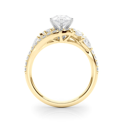 Yellow gold Pear Diamond Halo Ring with Marquise and Pavé Band in Prong Setting