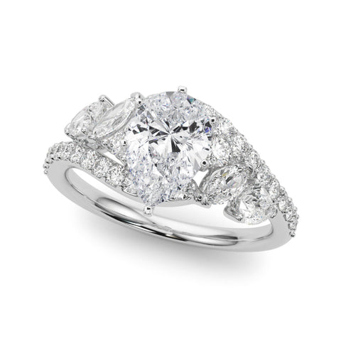 Platinum Pear Diamond Halo Ring with Marquise and Pavé Band in Prong Setting