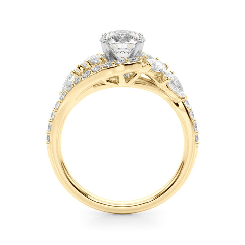 Yellow gold Heart Diamond Halo Ring with Marquise and Pavé Band in Prong Setting