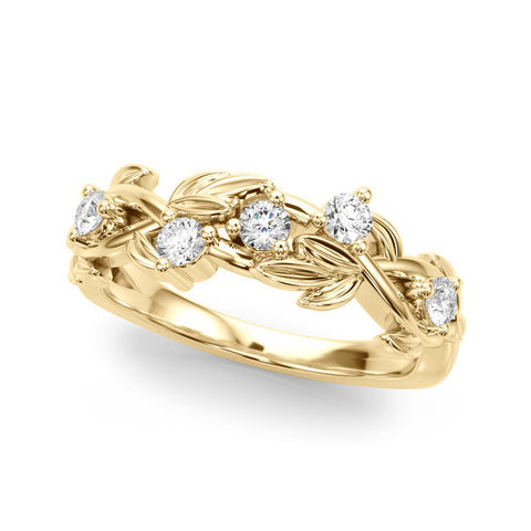 Yellow gold Round Diamond Leaf Motif Band with Prong Setting