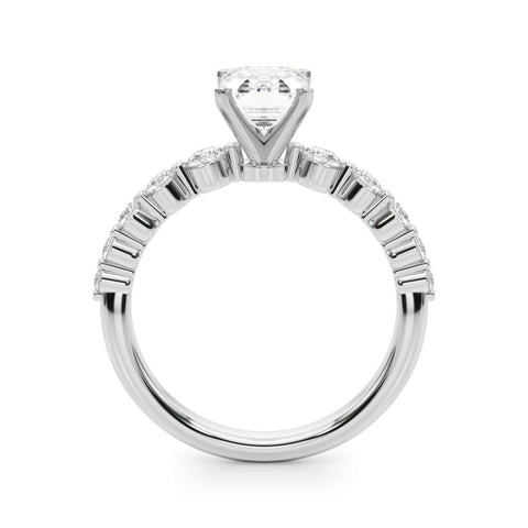 White gold Emerald Solitaire Diamond Ring with Pave Band and Four-Prong Setting