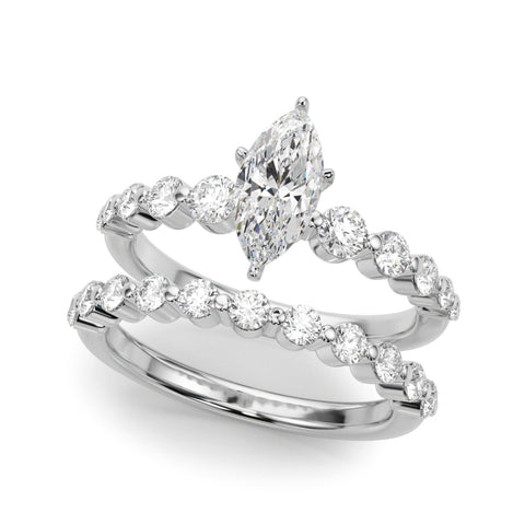 Platinum Marquise Solitaire Diamond Ring with Pave Band and Four-Prong Setting