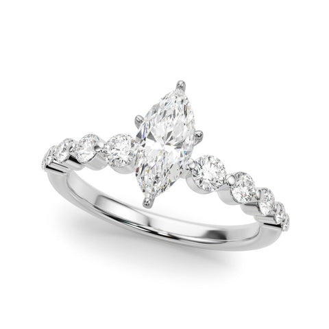 Platinum Marquise Solitaire Diamond Ring with Pave Band and Four-Prong Setting