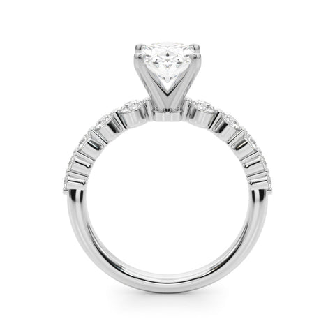 Silver Oval Solitaire Diamond Ring with Pave Band and Four-Prong Setting