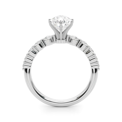 Silver Pear Solitaire Diamond Ring with Pave Band and Four-Prong Setting