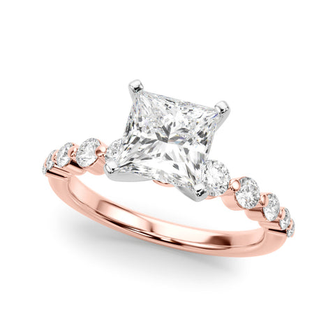 Rose gold Round Solitaire Diamond Ring with Pave Band and Four-Prong Setting