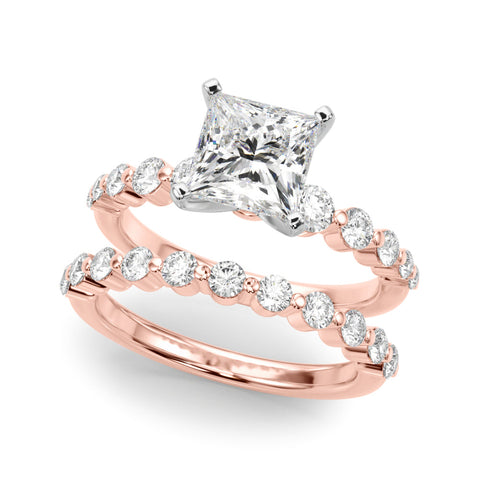 Rose gold Round Solitaire Diamond Ring with Pave Band and Four-Prong Setting